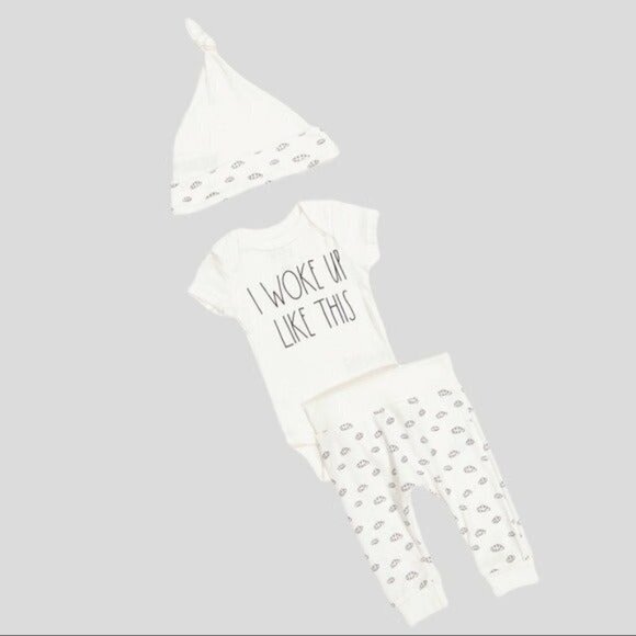 🌺 Rae Dunn Baby White Adorable I Woke Up Like This Outfit + Hat 3-6 Months NWT - Picture 2 of 10